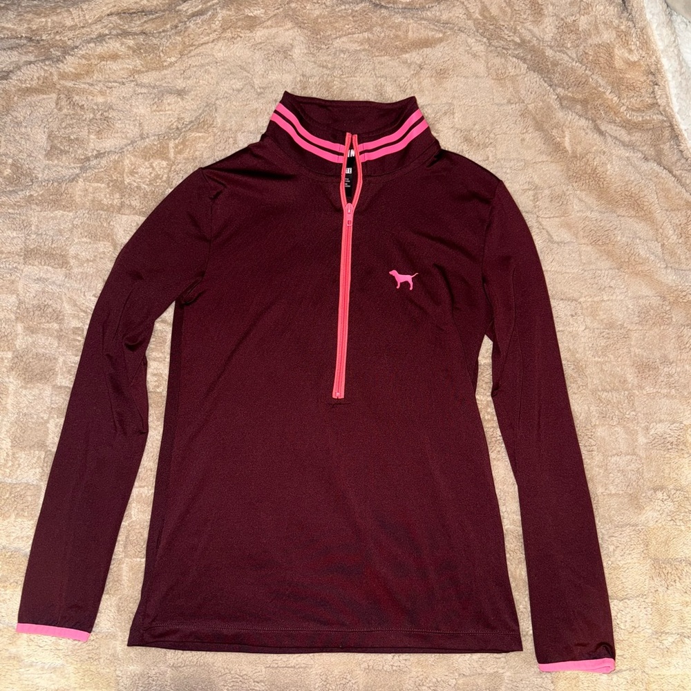 Victoria’s Secret PINK Maroon Long Sleeve Quartet Zip Shirt with Pink Accents